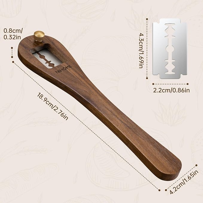 NiHome Bread Lame with Long Walnut Wood Handle for Scoring Bread and Slicing Dough, Safe Use with Push-Pull Locking Blade and Magnetic Back for Easy Storage, Ergonomic Grip for Precision Cutting