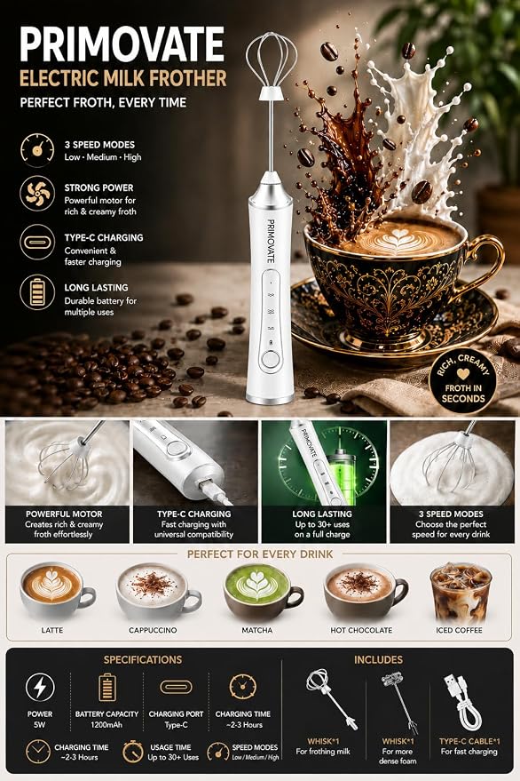 Rechargeable Milk Frother Handheld, Electric Coffee Frother with 2 Whisk, 3-Speed Powerful Drink Mixer, USB-C, Milk Foamer for Coffee, Latte, Cappuccino,Matcha & HotChocolate(White no Stand)