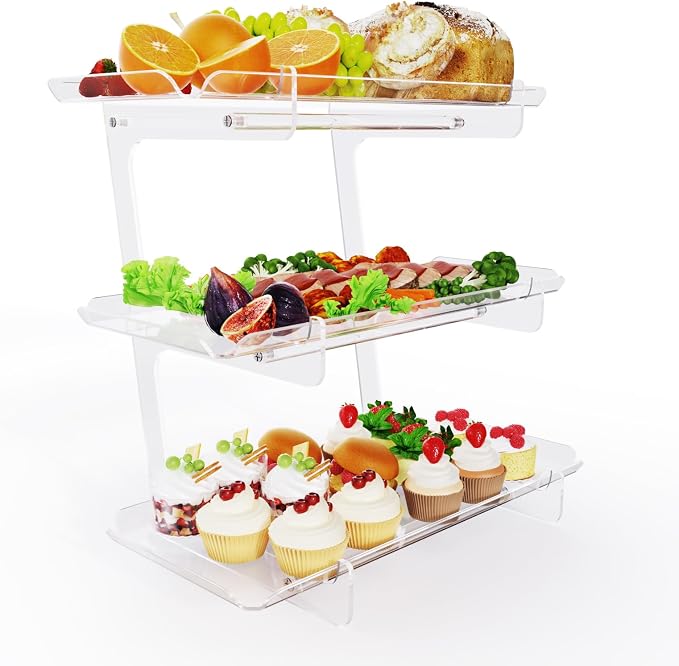 Bakzon 3 Tier Acrylic Serving Tray, 15.3" x 7.1" Dessert Table Display Set Stand for Party, Desserts, Fruits, Cookies – Reusable Collapsible Tiered Platters for Cupcakes, Veggies, and Sweet Treats
