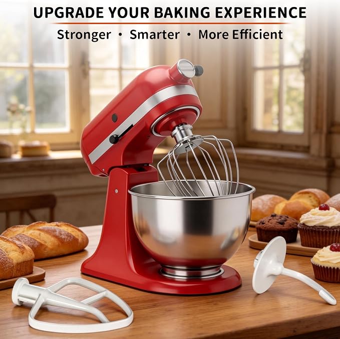 3-Piece Kit Stand Mixer Attachments Set for KitchenAid, Reinforced Stainless Steel Wire Whip & Upgraded Coated Flat Blade Paddle & Dough Hook, Fit for Kitchenaid 4.5-5QT Tilt-Head Stand Mixers