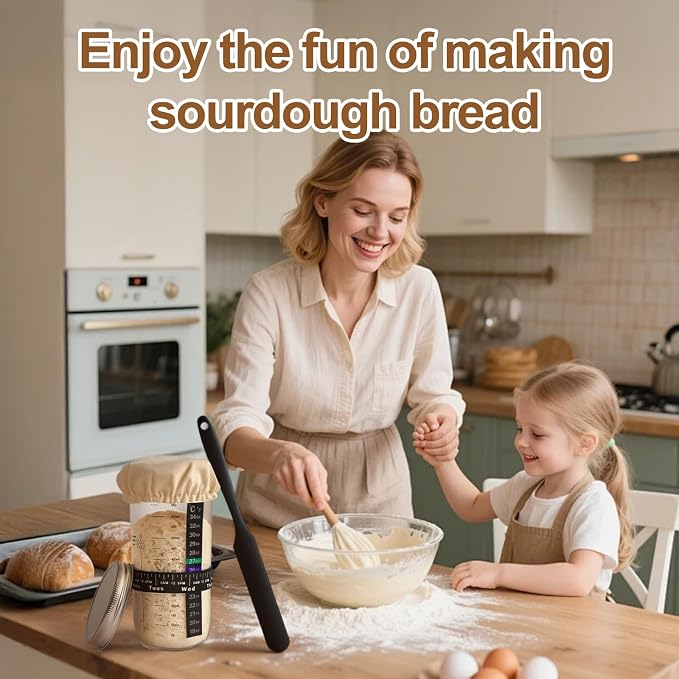 24 oz Wide Mouth Sourdough Starter Jar Kit, Glass Fermentation Container with Date Marker, Thermometer, Silicone Scraper & Lids, Airtight Glass Storage Canister for Homemade Bread Baking, Complete Sourdough Baking Supplies