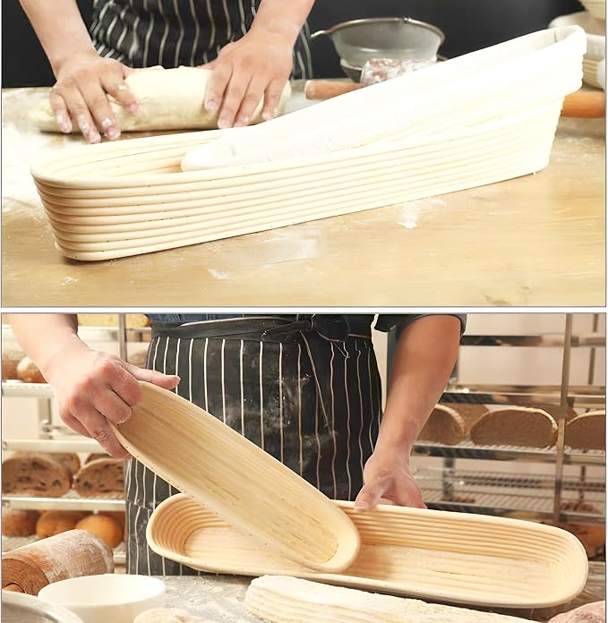 i-lan 2-Pack 22" Extra Long Baguette Proofing Basket, Natural Rattan Banneton Bread Proofing Basket for Sourdough, Oval Batard Banneton Basket for French Baguette Baking Supplies