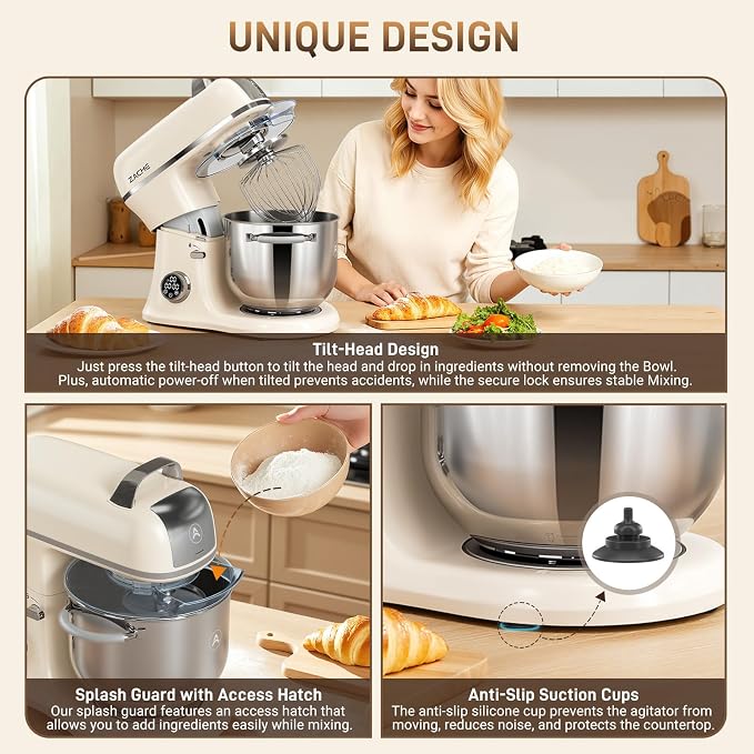 ZACME 7 Quart Stand Mixer Aluminum Die Casting, 650W 12 Speed Tilt-Head Kitchen Electric Stand Mixer, Household Food Mixer with Stainless Steel Bowl, Dough Hook, Whisk and Beater-Cream