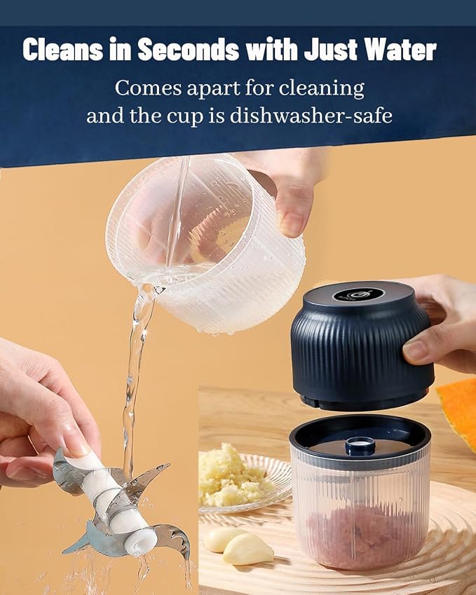 Household Electric Garlic Crusher - 350ML Portable Mini Food Processor, Rechargeable Vegetable Chopper, with 6 Stainless Steel Blades, for Garlic, Onion, Ginger, Chili (4 Blades Blue with Egg Beater)