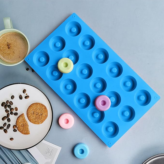 2er Pack Silicone Donut Mold - Non-Stick Silicone Doughnut Pan DIY Chocolate Baking Cookie Molds, Heat Resistant, Make Donut Cake Biscuit Bagels, BPA Free Dishwasher Safe (blue, 18 Cavities)