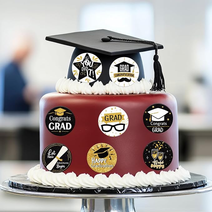 36PCS Edible Graduation Cap Cupcake Toppers Wafer Paper Grad Cap Diploma Cake Decorations Edible Grad Cap Cupcake Picks for 2026 Grad Theme Party Cake Decor Supplies (Black)