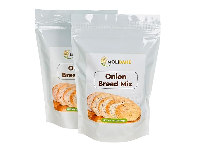 Molibake Onion Bread Mix – Pack of 2 – Premium All-Natural Baking Mix for Bread Machine and Oven – 14 oz – Gourmet Blend with Dried Onion Flakes, Sunflower Seeds, Rye Malt Flour – Easy-to-Use Breads Maker Mix for Homemade Baking