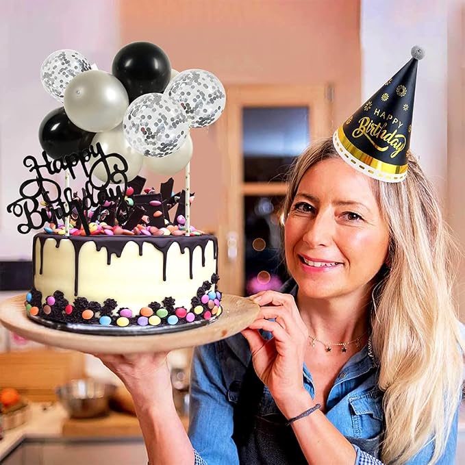 BEISHIDA Happy Birthday Cupcake Toppers - Silver Black Mini Balloon Cloud Birthday Cake Decorations for Boys Men Party Decorations(The product is for ages 18 and up only)