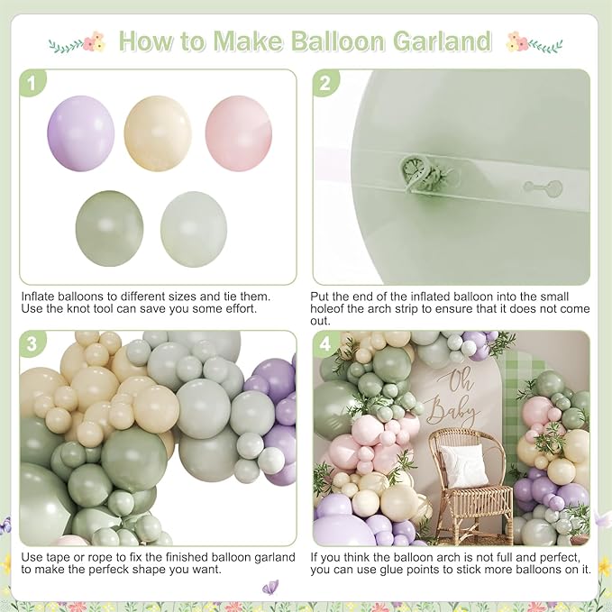 Dusty Green Purple Pastel Pink Balloon Arch Garland Kit 124Pcs Double Stuffed Light Green Sage Green Purple Yellow Macaron Pink Balloons for Wildflower Baby Shower Wedding Birthday Party Decorations