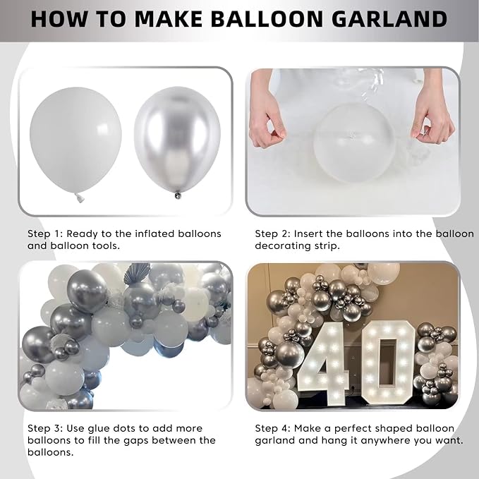 Silver and White Balloon Garland Kit, Metallic Silver White Balloon Arch Kit, Helium Latex Balloons Different Sizes 18/12/10/5 Inch for Wedding Birthday Baby Shower Anniversary Party Decorations