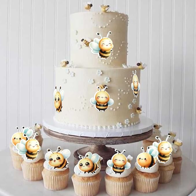 60 PCS Edible Bumble Bee Cupcake Toppers Waper Paper Honey Bee Party Cake Decorations Edible Oh Babee Cupcake Picks for Bee Theme Baby Shower Kids Boys Girls Birthday Party Food Decorations Supplies