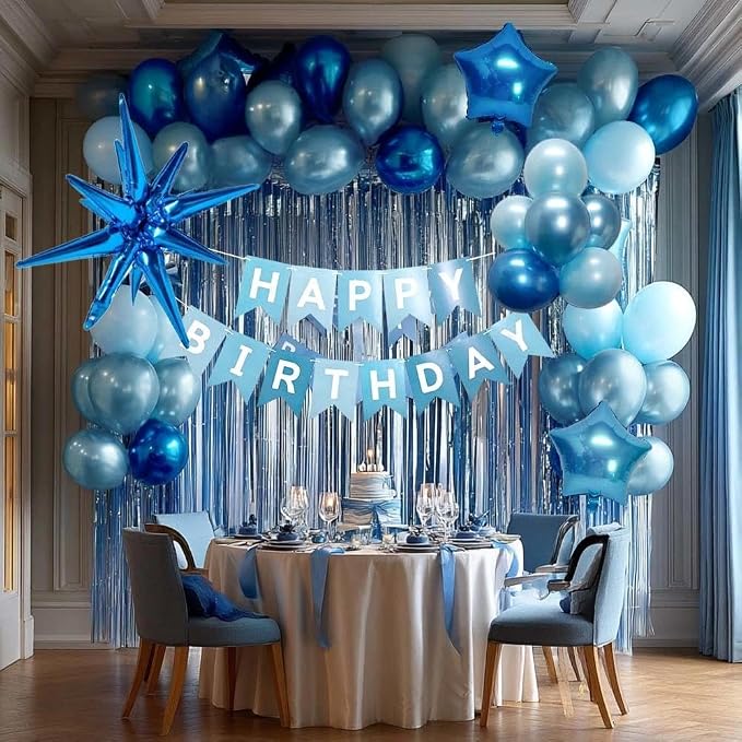 Blue Birthday Party Balloon Kit,Metallic Blue Pearl Balloons Happy Birthdays Banner Fringe Curtains Explosion Star Foil Balloon for Women Man Baby Shower Birthday Decoration