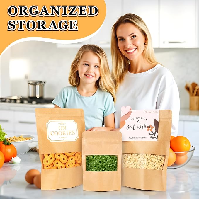 Food Bags 100 Pack Granola Trail Mix Bags Sealed Bag with Window Resealable Stand Up Pouches Wax Melt Candy Bar Tea Packaging Beef Jerky Chip Bag Bolsas para Carne Seca