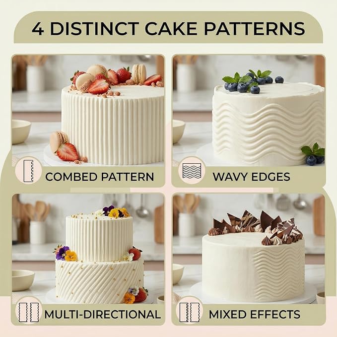 JJUNW 2 Pcs Stainless Steel Cake Scraper, Cake Scrapers Smoother Alisador De Pasteles, Double Sided Patterned Edge Stripe Smoother Scrapers For Butter Mousse Cream Decoration