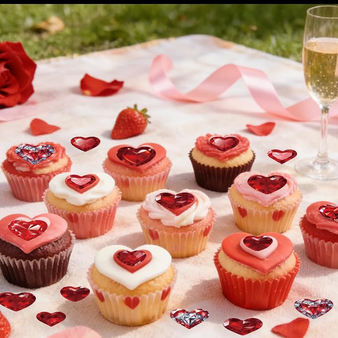 56PCS Edible Crystal Heart Cupcake Toppers Wafer Paper Red Diamond Heart Cupcake Picks Be Mine Cake Decor for Valentine's Day Theme Engagement Party Decoration Supplies