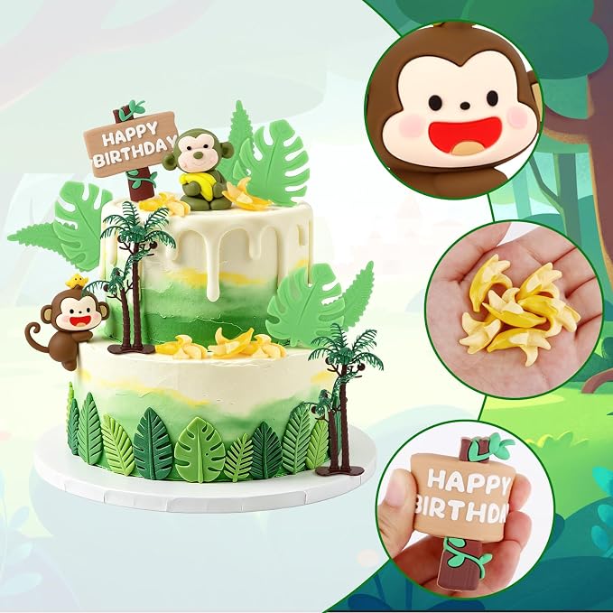 Hooqict 18Pcs Monkey Cake Decorations Set with Mini Banana Coconut Trees Happy Birthday Cake Toppers for Jungle Safari Animal Baby Shower Monkey Themed Birthday Party Decorations Supplies