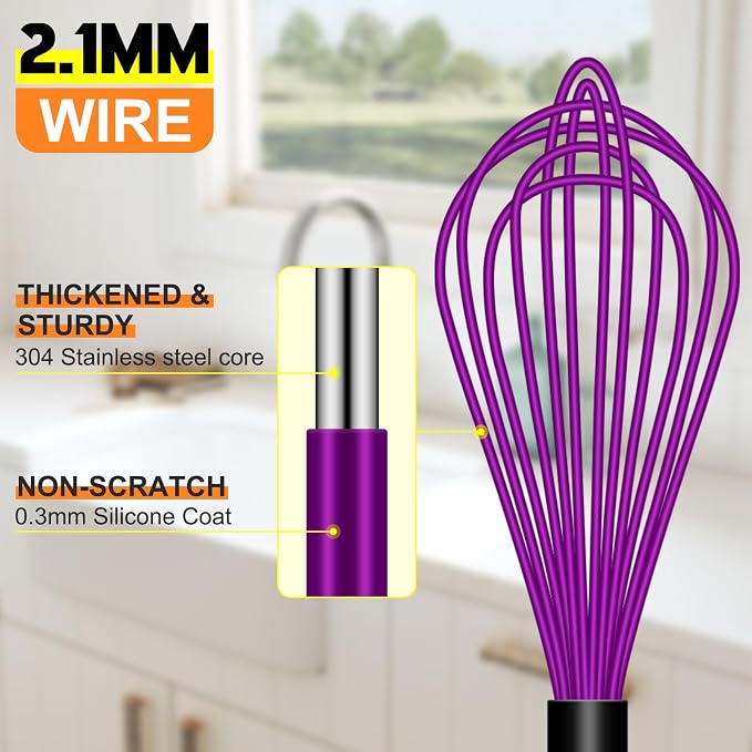 HOTEC 4 Pieces Silicone Whisks Set, Wire Balloon Whisks for cooking Egg Beater, Non-slip Handle Whisk for Non-stick Cookware Perfect for Cooking, Stirring, Beating and Blending,Purple