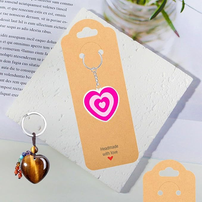 100PCS Keychain Display Cards,2.16'' x 6'' Handmade with Love Kraft Paper Jewelry Cards for Small Business Selling