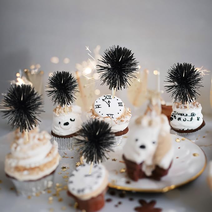 Gyufise 30Pcs Foil Firework Cupcake Toppers Sparkle Tinsel Cake Toppers Tinsel Drink Cake Decoration Cocktail Picks for Birthday Wedding Graduation Party Supplies Black