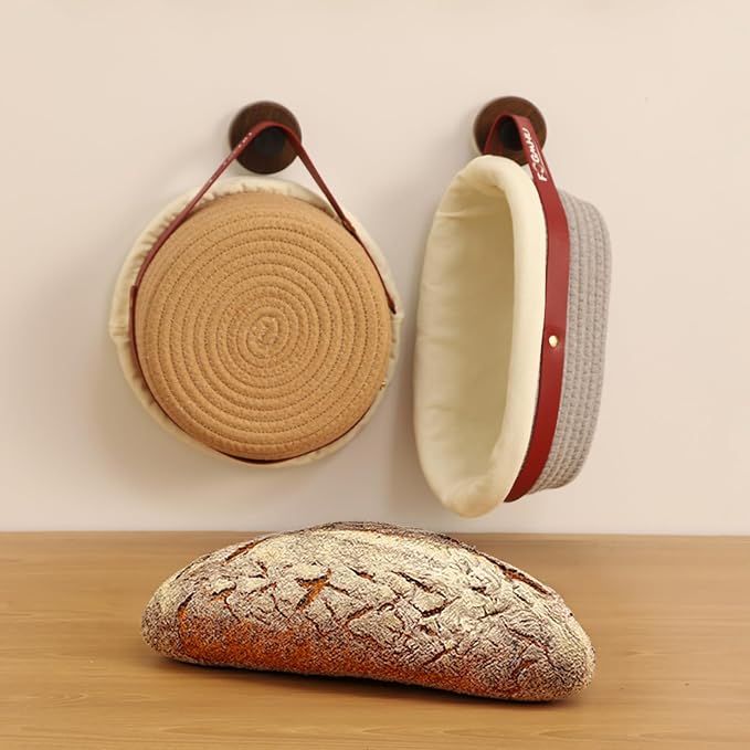 2-Pack Banneton Bread Proofing Baskets – Sourdough Starter Kit for Home Bakers, Cotton Rope Bannetons with Liners, Hanging Hooks, Dough Guide (9" Round & 10" Oval)