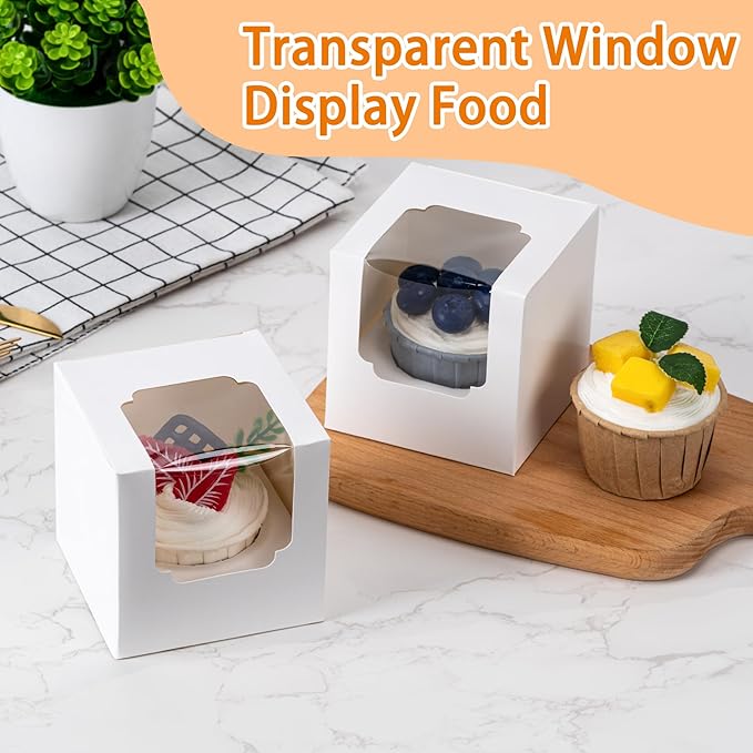 BOOMIBOO 100 Pack Individual Cupcake Containers, Cupcake Boxes with Window, Food Grade Cupcake Holders with Inserts, Stackable Deep Cupcake Carrier (White)