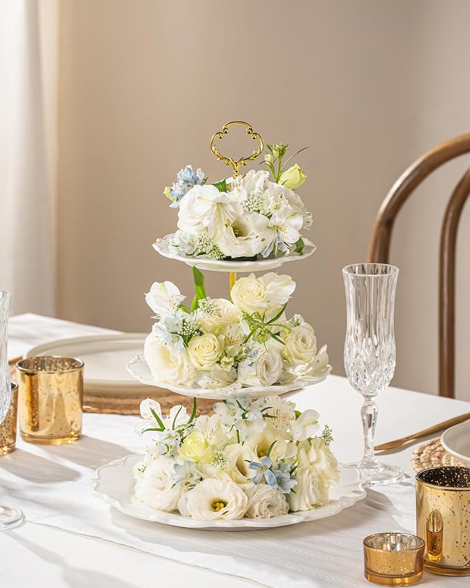3 Tier Cupcake Stand, Ceramic Tiered Serving Stand, Relief Dessert Tower Tray, Cupcake Holder Tower for Birthday, Baby Shower, Tea Party and Wedding (White)
