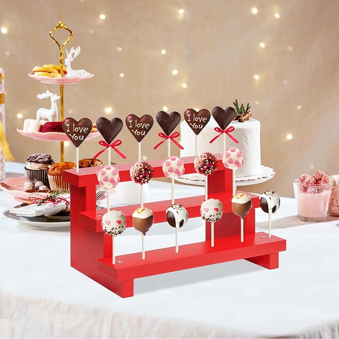 Wood Cake Pop Stands, 3 Tier Lollipop Holders with Twist Ties Lollipop Sticks, Sucker Display Riser for Dessert Table of Wedding Birthday Party (Red-2P-17 Hole)