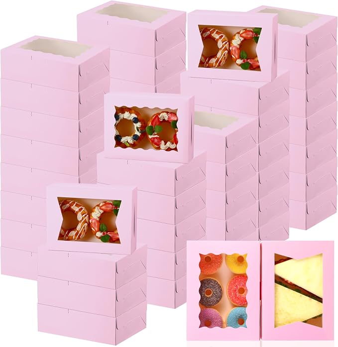 TaoBary 100 Pcs 8 Inch Bakery Boxes 8 x 6 x 2.5 Inch Cookie Pastry Boxes with 2 Style Window for Cookie Treat Chocolate Strawberries Cupcakes Candy Muffins(Pink)