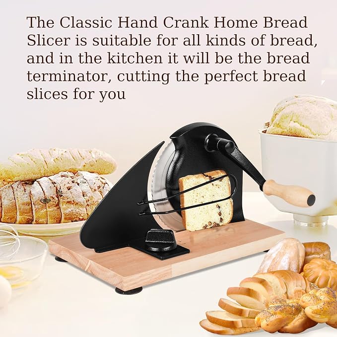 Upgraded Manual Bread Slicer for Homemade Sourdough Bread with Measurement Marks, Adjustable 0"-0.8" Thickness Hand Crank Bread Slicer with Suction Cup for Even Slicing, Kitchen and Commercial, Black