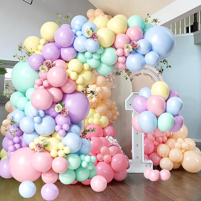 Pastel Rainbow Balloon Arch Garland Kit - 140pcs Different Sizes of Pastel Blue Yellow Purple Pink Balloons for Wedding Spring Macaron Easter Donut Ice Cream Birthday Party Decorations
