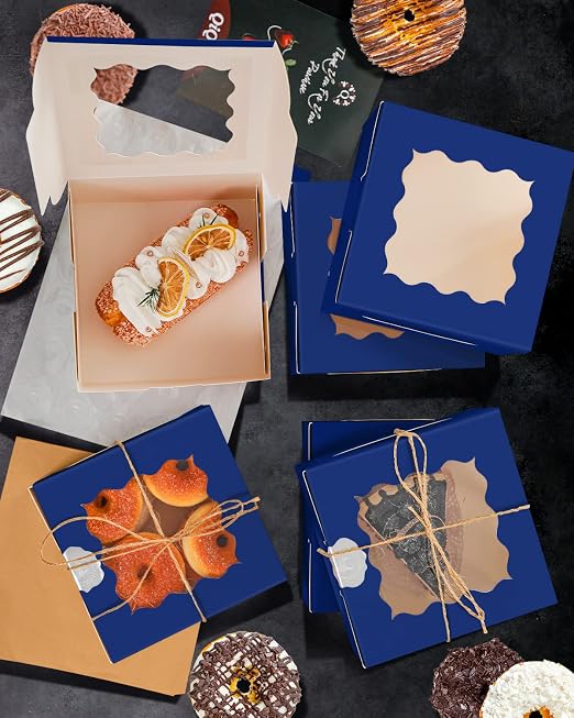 qiqee Navy Blue Cookie Boxes with Window 36packs 6x6x3 Navy Blue Bakery Box Pastry Box for Wedding Favor Birthday & Party