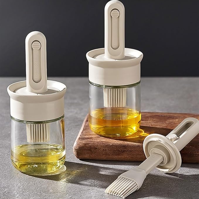 Oil Dispenser Bottle with Brush - Glass Oil Dispenser for Kitchen with Silicone Heat Brush - Cooking Brush for Oil and Cooking BBQ Grill Frying Kitchen (A, 16x6.7cm)