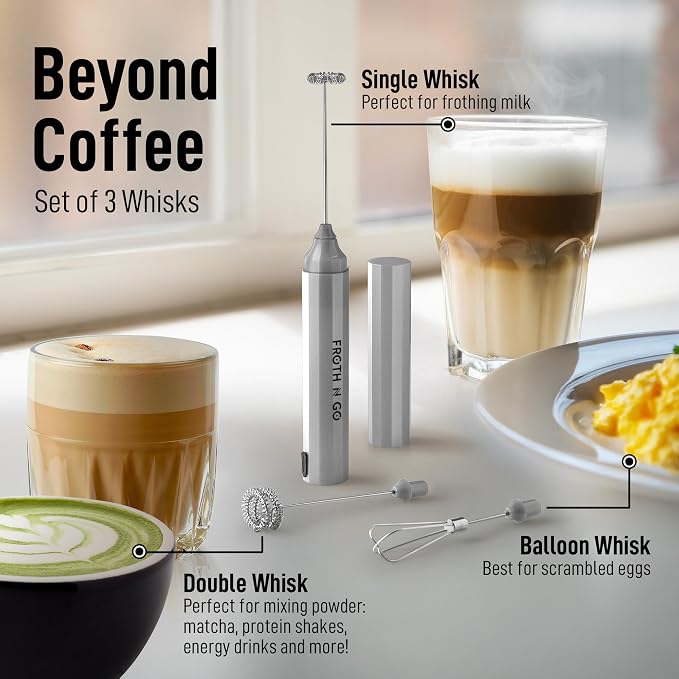 Zulay Froth N Go Milk Frother – Rechargeable 3-in-1 Handheld Frother Wand with Travel Case & USB-C Charger – Single, Double & Egg Whisk for Latte, Cappuccino, Matcha, Protein Shakes - Elegant Silver