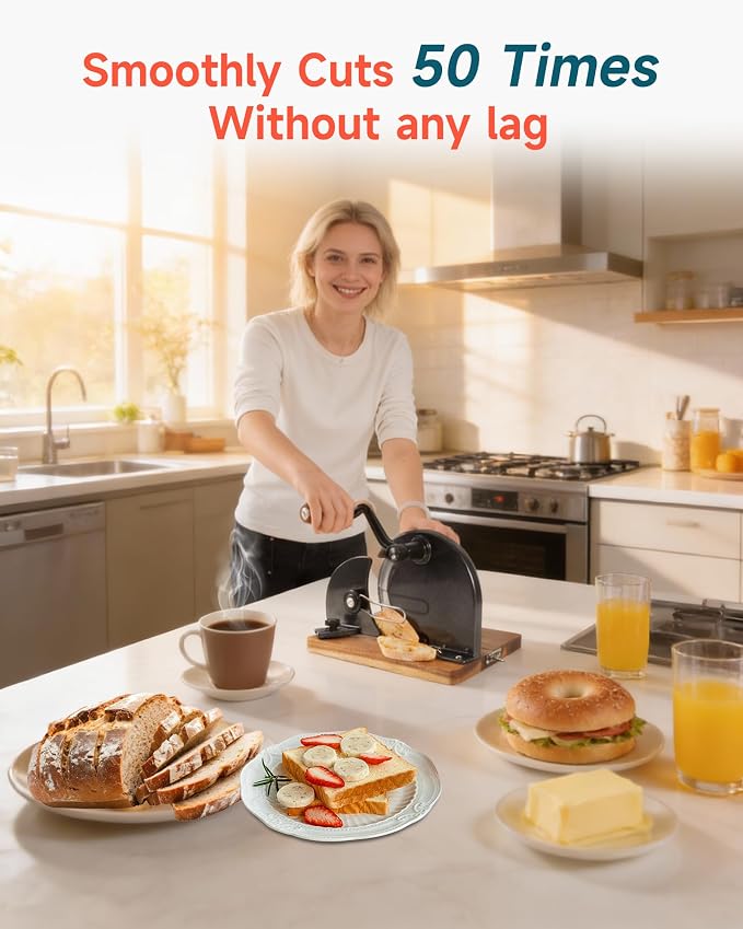 Foldable Sourdough Bread Slicer Adjustable Thickness, Manual Bread Slicer, Add Metal Rails, Hand Crank Bread Cutter Machine with Scale Line and Suction Cup, Stainless Steel Blade (Black)