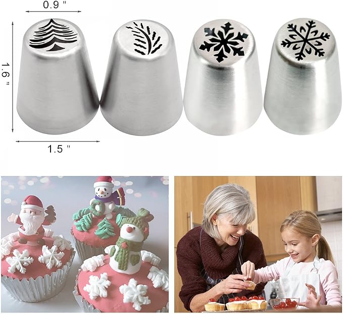 4 PCS Christmas Pastry Icing Piping Nozzles,Special Stainless Steel Russian Piping Tips Set,Cake Decorating Tools(1 Christmas Tree,2 Snowflake,1 Leaf)