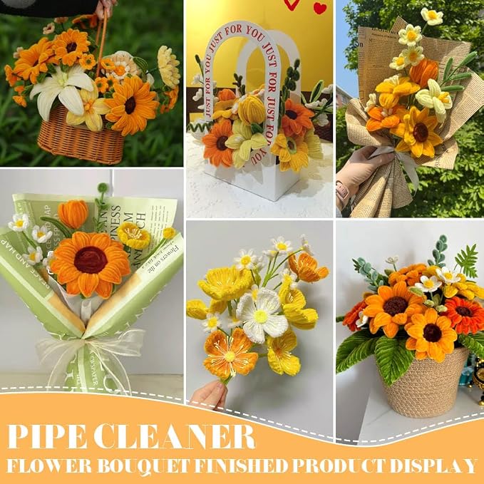 AHAMETON 620Pcs Sunflower Pipe Cleaner Flower Kit, 6 Colors Bulk Pipe Cleaners Craft Supplies with Wires, Stamens, Ribbon, Tape, Card, DIY Flower Making for Gifts Party Home Decoration, School Crafts