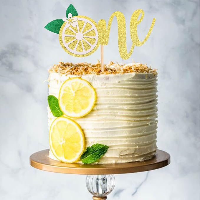 1 PCS Lemon 1st Birthday Cake Topper Glitter One Cake Pick Fruit Theme Lemonade Party First Birthday Decorations for Baby Shower Kids Boys Girls Party Supplies Gold