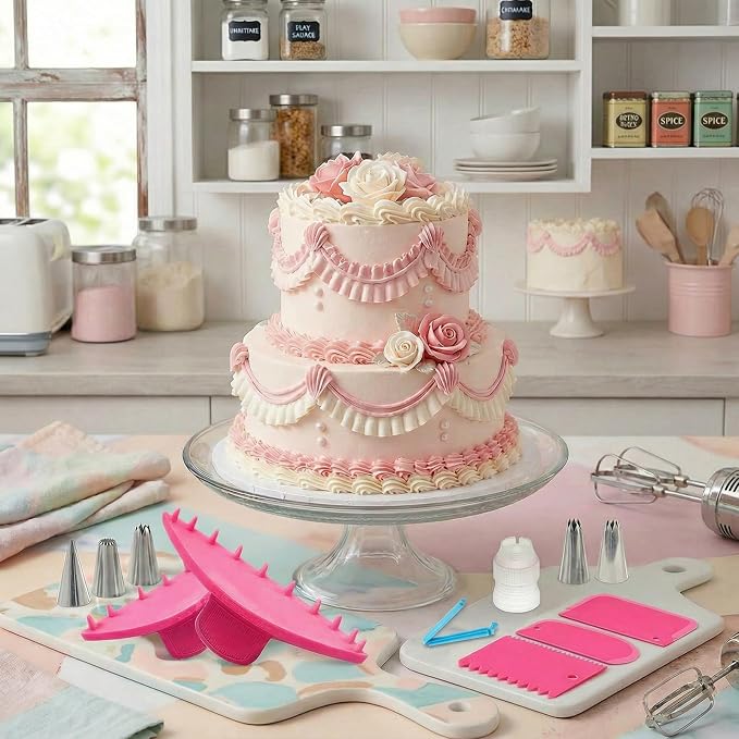 Cake Arch Guide Tool & Piping Guide Stencil, 16 Pcs Cake Decorating Tools with Frosting Scrapers and Piping Bag Set, Cake Ruffle Marker for 6"-10" Cakes (Pink)