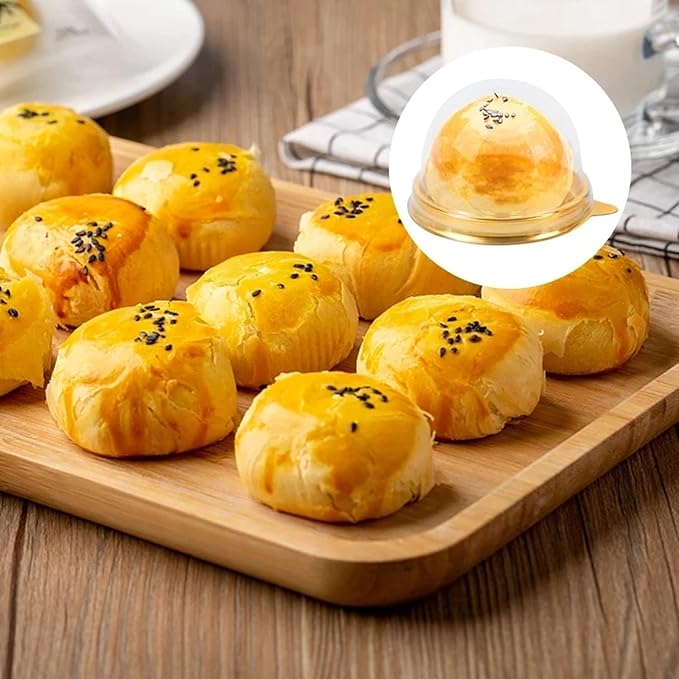 50Pcs Clear Plastic Mini Cake Box with Dome Lids, Mini Muffin Container Box Mooncake Dome Box Pastry Baking Packaging Boxes Wedding Birthday Gifts Supplies (Gold Base)