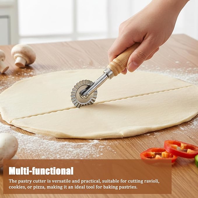 Long Handle Small Cutter Wheel - Exquisite Wooden Handle, Perfect for Pasta, Pizza, Ravioli, Cookie - Versatile Crinkle and Pastry Cutter for Effortless Slicing