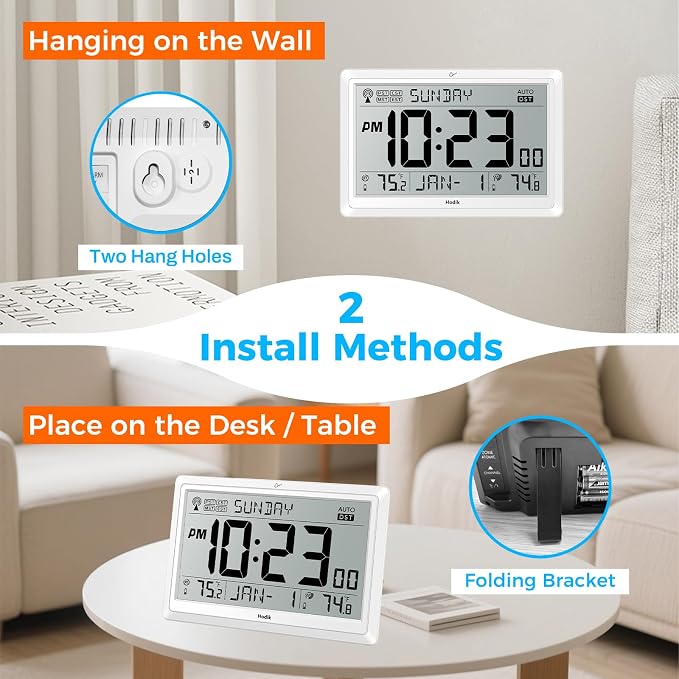 HODIK Wall Clock Atomic with Indoor Outdoor Temperature Battery Powered, Easy Reading with 10.5 Inch LCD Display, 330FT Range Table Wall Clock with DST, 12/24 Hour for Living Room Kicthen (White)