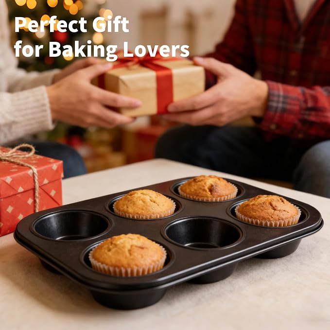 2 Pack 6-Cup Muffin Pan, Heavy-Duty Carbon Steel Nonstick Cupcake Baking Pan, 2.56” Standard Size Cups, Compact 10.43” x 7.28” Design, Oven & Dishwasher Safe (Black)
