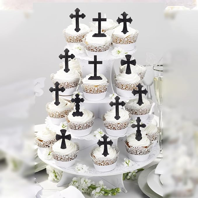 60 PCS Edible Cross Cupcake Toppers Wafer Paper God Bless Cupcake Toppers Edible Christian Baptism Cross Cupcake Picks for Religious Theme Baby Shower Birthday Party Cake Decorations Supplies Black
