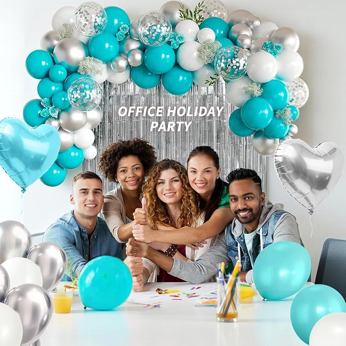 157PCS Teal Blue Silver White Balloons Garland Arch Kit with Silver Fringe Curtain for Boys Christening Birthday Bridal Baby Shower Engagement Wedding Party Decorations
