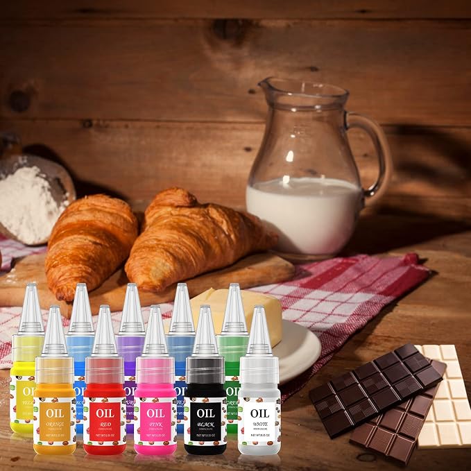 Oil Based Food Coloring Chocolate, 10 Colors Candy Coloring for Chocolate Candy Melts, E-Kongton Cake Color Edible Food Dye for Cake Decorating, Baking, Fondant, Forsting (.35 Fl. Oz Bottles)