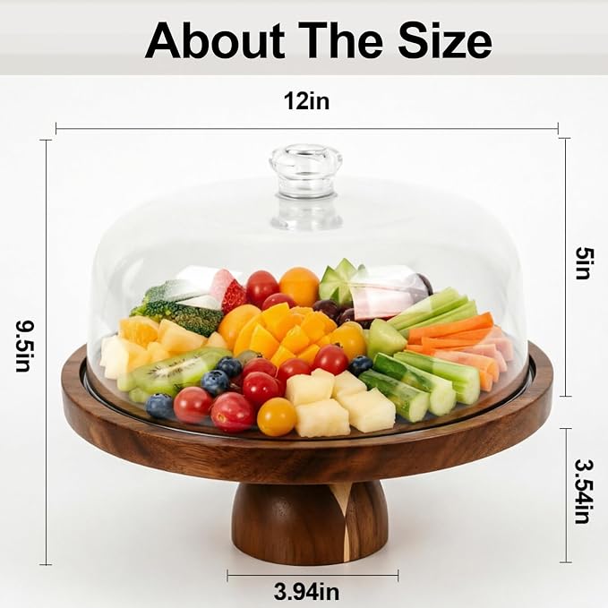 Acacia Wood Cake Stand with Lid, 12in Cake Stand with Acrylic Dome (Not Glass), 2-In-1 Cake Display Stand for Charcuterie Board, Chips & Dips, Fruit Platter, Wedding, Birthday, Parties