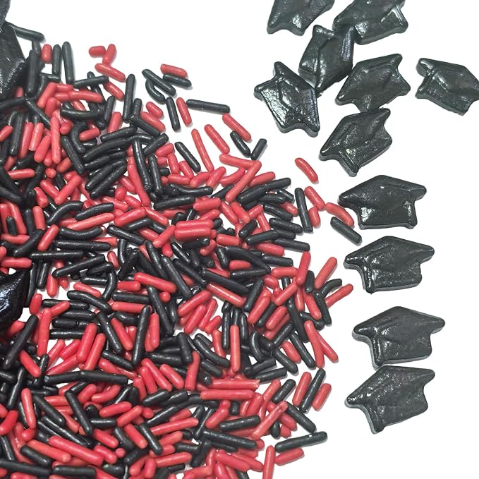 Senchanting Edible Graduation Day Sprinkles, Edible Black Red Jimmies Sprinkles, Black Graduation Caps Mixed with Soft Jimmies for Ice Cream Cupcakes Cookies Topping Cake Decorating Baking 100g/3.53oz