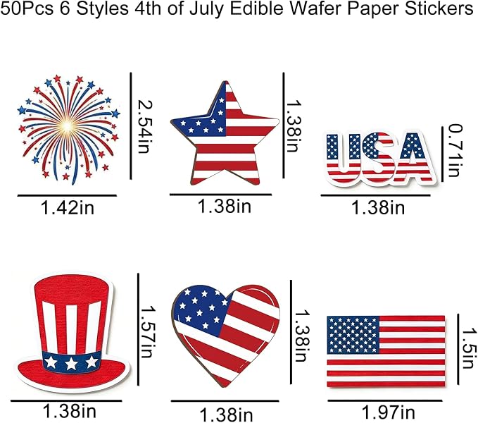 50PCS Edible American Flag Cake Decorations Patriotic Wafer Cupcakes Toppers for 4th of July, Independence Day Parties & Birthday Celebrations (50, American Flag & Star)