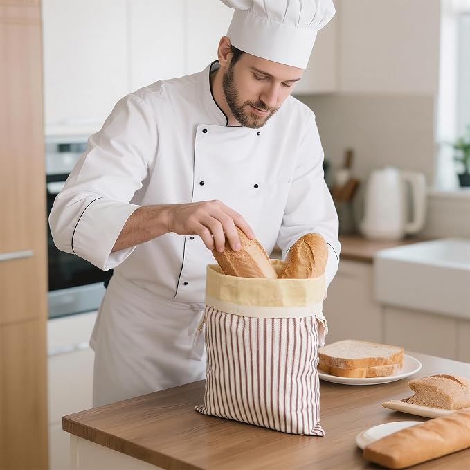 Stripe Reusable Beeswax Bread Bags for Homemade Bread & Sourdough, 2-Pack XL Airtight Food Storage Bags, Organic Cotton Linen Covers - Freezer-Friendly Freshness Preservation Keeps Fresh Longer
