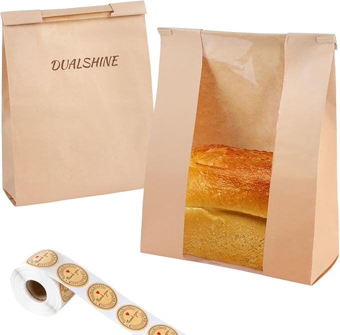 100 Pcs Bread Bags for Homemade Bread Sourdough Bags Paper Kraft with Window 14" x 8.3" x 3.5" with Tin Strip and 500 Pcs Seal Stickers for Cookies Coffee Beans and Bakery